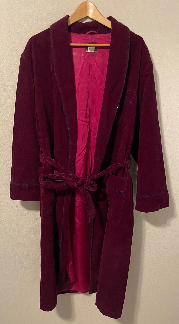 Vintage Bill Blass Robe Mens Medium Red Corduroy Belted Shawl Collar Lounge Wear